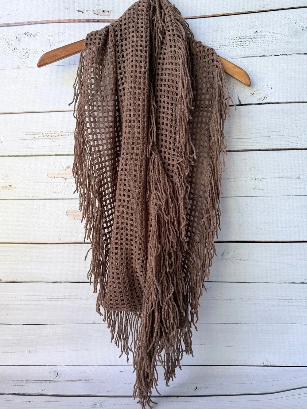 Fringed Open-Weave Brown Wrap Scarf